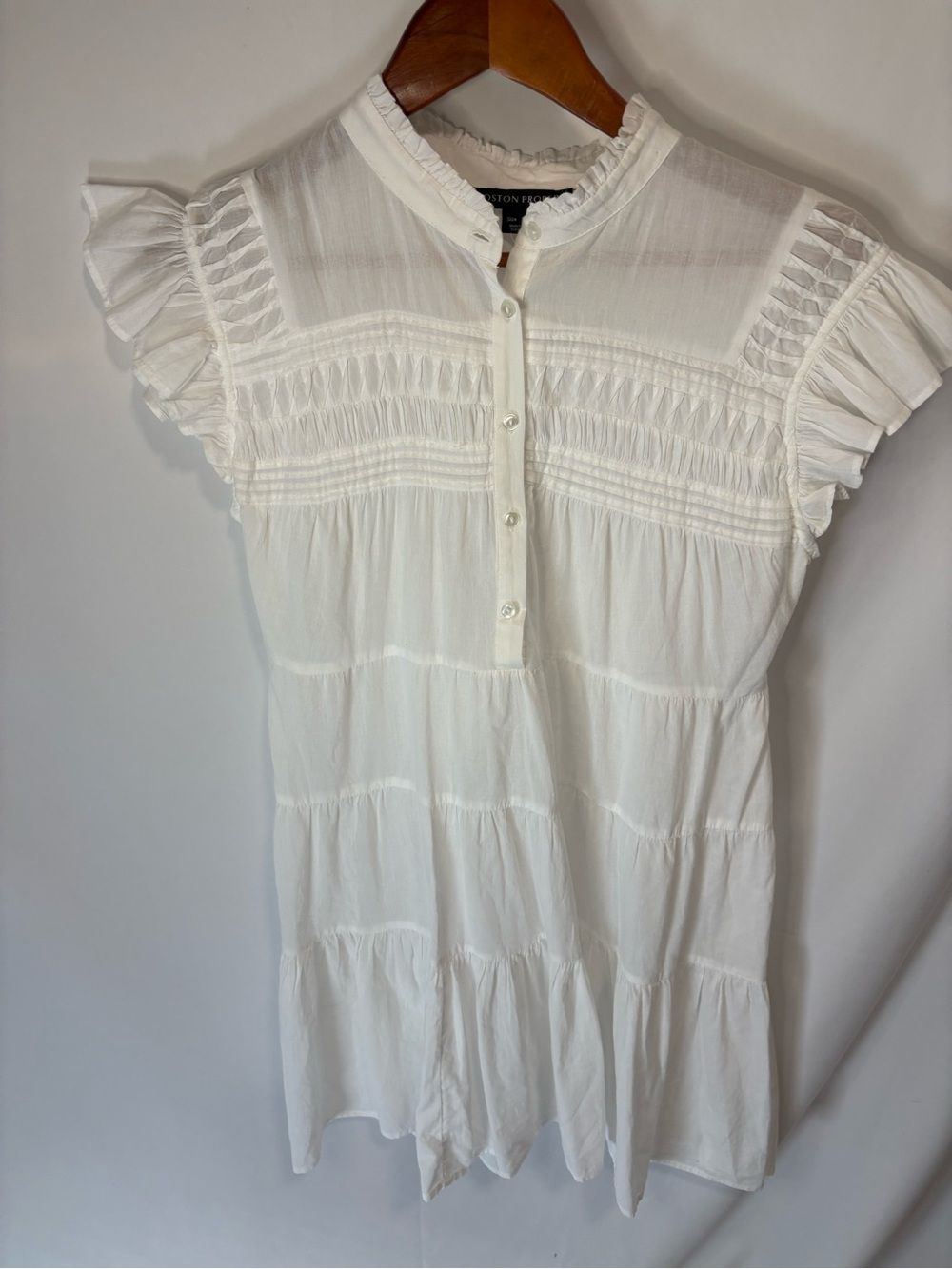 Boston Proper Women's Tiered Flowy Short White Dress Cap Sleeve Pintucks Small